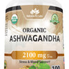 Organic Ashwagandha 2,100 mg - 100 Veggie Capsules Pure Organic Ashwagandha Powder and Root Extract - Stress Relief, Mood Enhancer