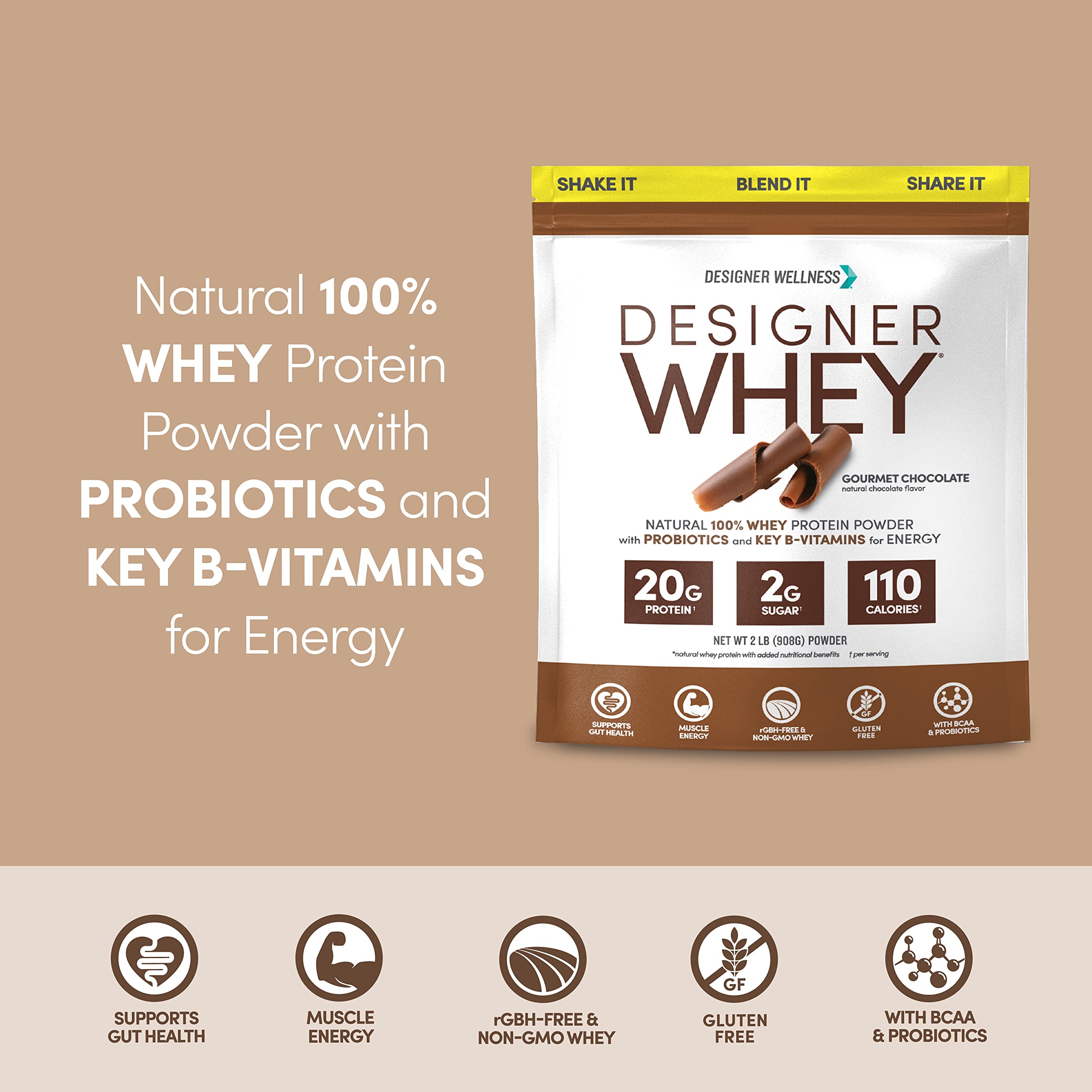 Designer Wellness, Designer Whey, Natural Whey Protein Powder with Probiotics, Fiber, and Key B-Vitamins for Energy, Gluten-Free, Gourmet Chocolate, 2 lb