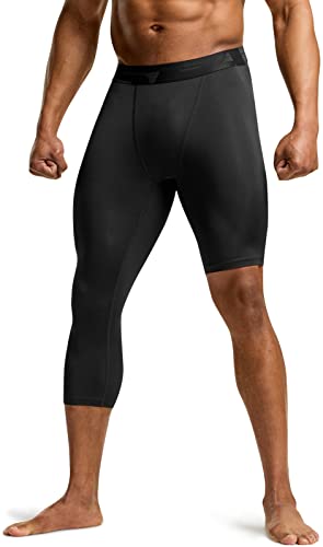 TSLA Men's Cool Dry Compression Pants, Athletic Workout Running Tights Leggings Baselayer, 3/4 Right Black/Black, Small