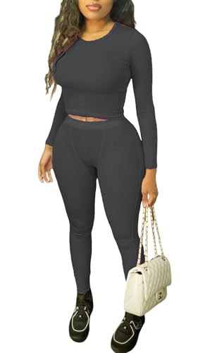 YETOWA Lounge Wear Ribbed Casual 2 Piece Tracksuit Set Women Solid Skinny Long Sleeve O-Neck Top+Elastic Leggings
