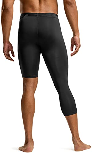 TSLA Men's Cool Dry Compression Pants, Athletic Workout Running Tights Leggings Baselayer, 3/4 Right Black/Black, Small