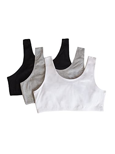 Fruit of the Loom Girls' Cotton Built-up Stretch Sports Bra, Black/White/Heather Grey, 28
