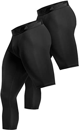 TSLA Men's Cool Dry Compression Pants, Athletic Workout Running Tights Leggings Baselayer, 3/4 Right Black/Black, Small