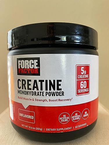 FORCE FACTOR Creatine Monohydrate, Creatine Powder for Muscle Gain, More Strength, and Faster Workout Recovery, Clinically Studied Micronized Creatine 5g Dose Per Serving, Unflavored, 60 Servings