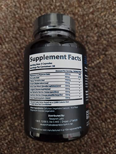 Pharmacist Recommended 2 fer 1 Offer 180ct Testosterone Booster Enhancement by Research Labs. Increase Lean Muscle Energy Strength. Saw Palmetto, Tribulus, Tongkat Ali, Horny Goat Weed, Zinc