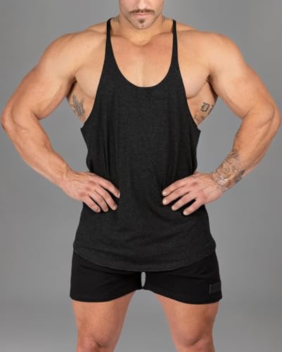 Muhshoiy Mens Stringer Bodybuilding Tank Tops Low Cut Off Y Back Gym Workout Training Stretch Polyester Quick Drying Muscle Shirt/Black/2XL