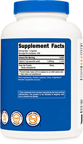 Nutricost Vitamina C con escaramujo 1025 mg, 240 cápsulas - Vitamina C 1000 mg, escaramujo 25 mg, suplemento premium, sin OGM, sin gluten