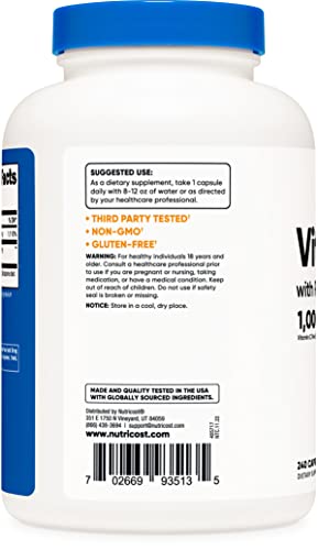 Nutricost Vitamina C con escaramujo 1025 mg, 240 cápsulas - Vitamina C 1000 mg, escaramujo 25 mg, suplemento premium, sin OGM, sin gluten