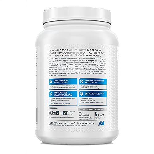 Grass Fed Whey Protein MuscleTech Grass Fed Whey Protein Powder Protein Powder for Muscle Gain Growth Hormone Free, Non-GMO, Gluten Free 20g Protein + 4.3g BCAA Deluxe Vanilla, 1.8 lbs