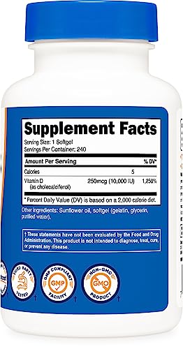 Nutricost Vitamina D3 10.000 UI, 240 cápsulas de gel blando - Potente, sin OGM, sin gluten vitamina D