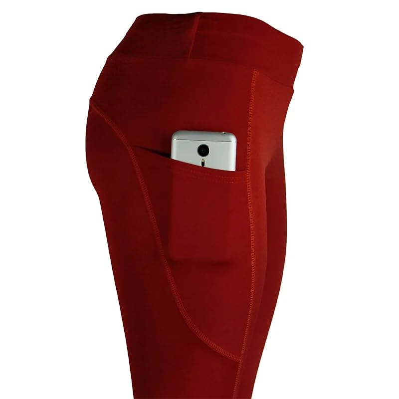 Soft and Comfortable Leggings for Women with Pockets-High Waisted Tummy Control No See Through Workout Yoga Pants Gym (US,X-Large,Long,Red)