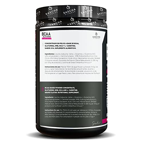 SASCHA FITNESS BCAA 4:1:1 + Glutamina, HMB, L-Carnitina, HICA | Mezcla en polvo potente e instantánea con aminoácidos de cadena ramificada (BCAA) para pre, intra y post-entrenamiento | Sabor Natural a Uva, 350g