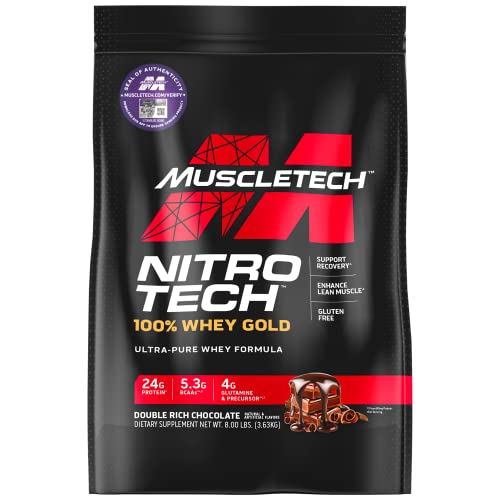 Mezcla de batido aislado de proteína en polvo de chocolate Whey Gold | MuscleTech Nitro-Tech | para mujeres y hombres | 8 libras (109 porciones)