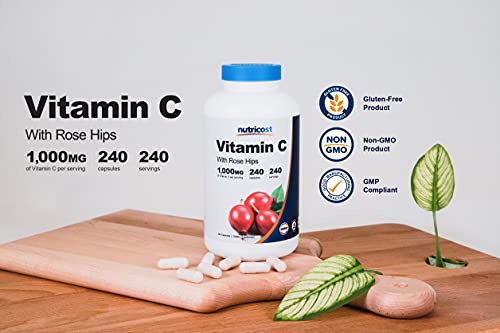Nutricost Vitamina C con escaramujo 1025 mg, 240 cápsulas - Vitamina C 1000 mg, escaramujo 25 mg, suplemento premium, sin OGM, sin gluten