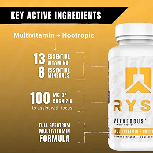 Serie RYSE Core VitaFocus | Multivitamínico + Nootrópico | Soporte total para el cerebro y el cuerpo | Con 13 vitaminas esenciales y 8 minerales esenciales | 60 Cápsulas