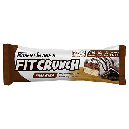 FITCRUNCH Snack Size Protein Bars, Designed by Robert Irvine, World’s Only 6-Layer Baked Bar, Just 3g of Sugar & Soft Cake Core (9 Count, Milk & Cookies)