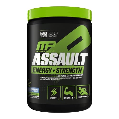 MusclePharm Assault Sport, frambuesa azul - 30 porciones - Pre-entrenamiento con cafeína, acetil-L-carnitina, taurina, L-glicina, monohidrato de creatina, beta-alanina y betaína anhidra