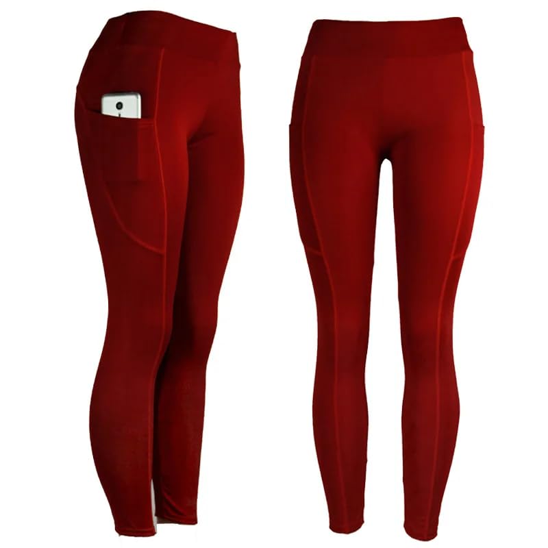 Soft and Comfortable Leggings for Women with Pockets-High Waisted Tummy Control No See Through Workout Yoga Pants Gym (US,X-Large,Long,Red)