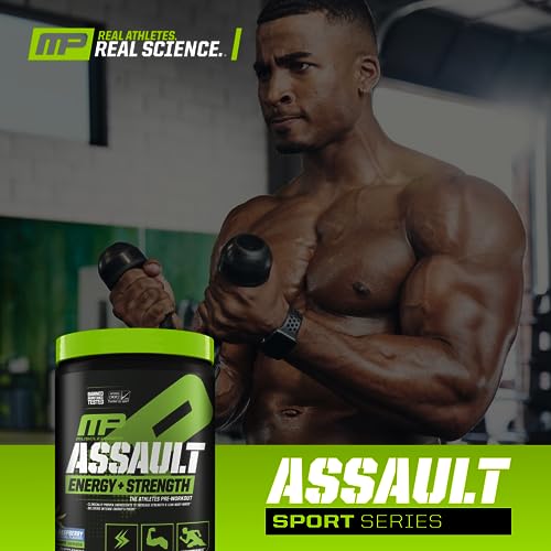 MusclePharm Assault Sport, frambuesa azul - 30 porciones - Pre-entrenamiento con cafeína, acetil-L-carnitina, taurina, L-glicina, monohidrato de creatina, beta-alanina y betaína anhidra