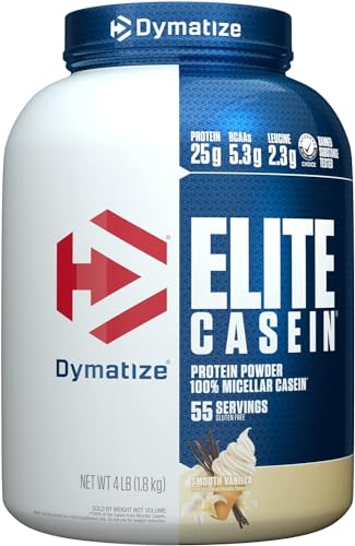 Dymatize Elite Casein Protein Powder, Slow Absorbing with Muscle Building Amino Acids, 100% Micellar Casein, 25g Protein, 5.4g BCAAs & 2.3g Leucine, Helps Overnight Recovery, Cookies & Cream, 4 Pound