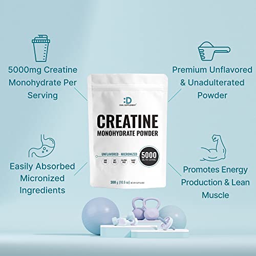 Monohidrato de creatina en polvo 300 gramos (60 porciones), sin sabor | Puro | Creatina en polvo micronizada, 5000 mg (5 g) por porción, suministro para 2 meses, vegano | Keto, sin OGM, sin relleno, sin aditivos