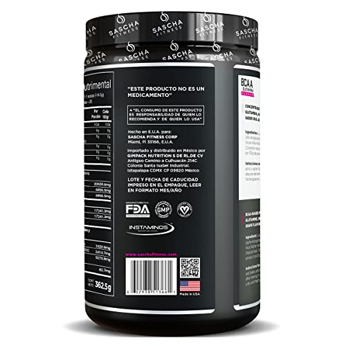 SASCHA FITNESS BCAA 4:1:1 + Glutamina, HMB, L-Carnitina, HICA | Mezcla en polvo potente e instantánea con aminoácidos de cadena ramificada (BCAA) para pre, intra y post-entrenamiento | Sabor Natural a Uva, 350g