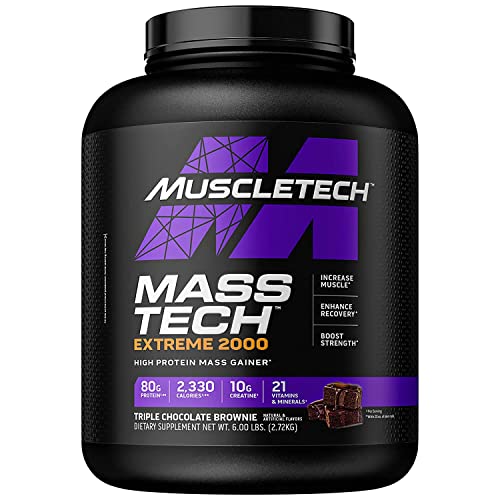 MuscleTech Mass Gainer Mass-Tech Extreme 2000, proteína de suero en polvo para desarrollar músculos, proteína + creatina + carbohidratos, aumento de peso máximo de proteína para mujeres y hombres, batido de vainilla, 6 libras (el embalaje puede variar)