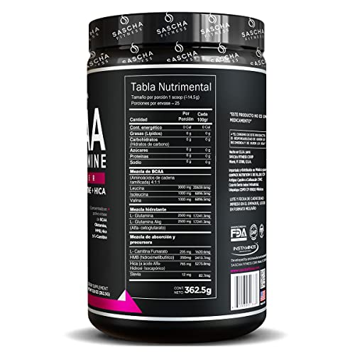 SASCHA FITNESS BCAA 4:1:1 + Glutamina, HMB, L-Carnitina, HICA | Mezcla en polvo potente e instantánea con aminoácidos de cadena ramificada (BCAA) para pre, intra y post-entrenamiento | Sabor Natural a Uva, 350g
