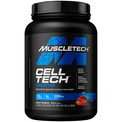 Monohidrato de creatina en polvo MuscleTech Cell-Tech Creatina Bebida de recuperación post-entrenamiento Constructor muscular para hombres y mujeres Suplementos de desarrollo muscular Ponche de frutas, 3 libras (27 porciones)
