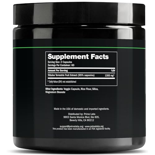 Prime Labs Tribulus Terrestris for Men - Men's Supplement with 95% Saponins - Energy & Vitality Booster - with 1,300 mg Tribulus Terrestris Extract - 120 Capsules