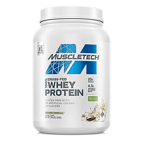 Grass Fed Whey Protein MuscleTech Grass Fed Whey Protein Powder Protein Powder for Muscle Gain Growth Hormone Free, Non-GMO, Gluten Free 20g Protein + 4.3g BCAA Deluxe Vanilla, 1.8 lbs