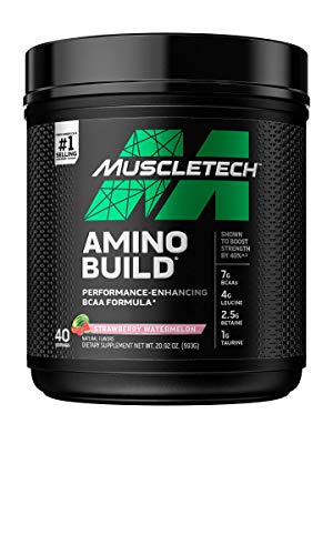 Aminoácidos BCAA + polvo de electrolitos MuscleTech Amino construye 7 g de BCAA + electrolitos que apoyan la recuperación muscular, desarrollan músculo magro y aumentan la resistencia Sandía fresa (40 porciones)