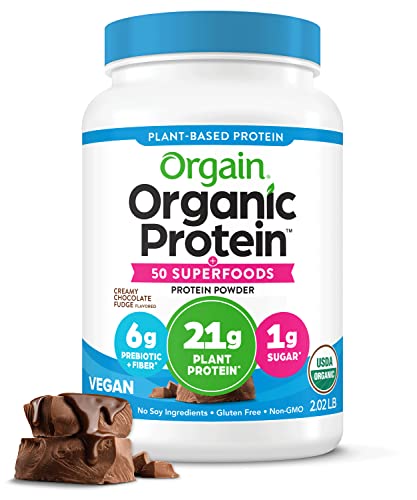 Orgain Proteína vegana orgánica en polvo + 50 superalimentos, dulce de chocolate cremoso - 21 g de proteína a base de plantas, sin gluten, sin lácteos, sin lactosa, sin soja, sin azúcar añadido, kosher, vitaminas B - 2,02 lb