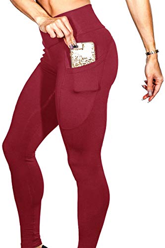 Soft and Comfortable Leggings for Women with Pockets-High Waisted Tummy Control No See Through Workout Yoga Pants Gym (US,X-Large,Long,Red)