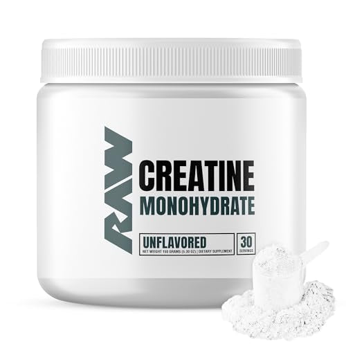 RAW Nutrition Creatine Monohydrate Powder, Unflavored (30 Servings) - Micronized Creatine Monohydrate Supplement for Workout Performance, Build Muscle & Strength - Creatine Powder for Men & Women