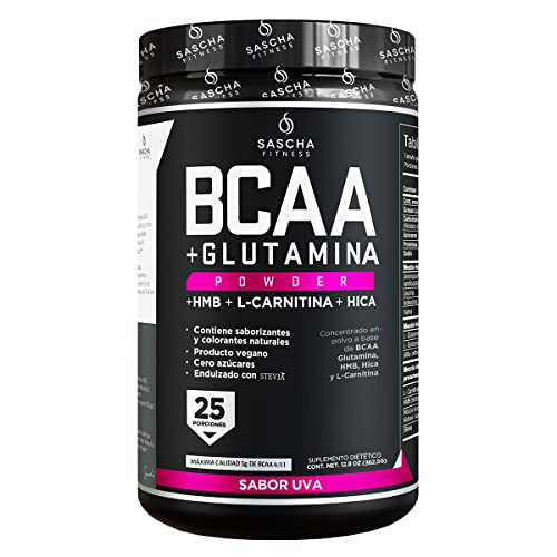 SASCHA FITNESS BCAA 4:1:1 + Glutamina, HMB, L-Carnitina, HICA | Mezcla en polvo potente e instantánea con aminoácidos de cadena ramificada (BCAA) para pre, intra y post-entrenamiento | Sabor Natural a Uva, 350g