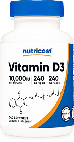 Nutricost Vitamina D3 10.000 UI, 240 cápsulas de gel blando - Potente, sin OGM, sin gluten vitamina D