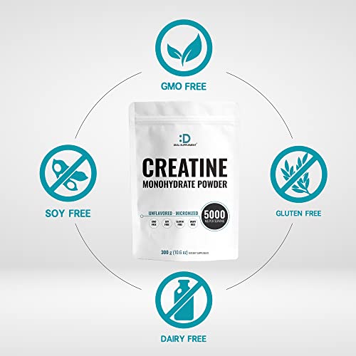 Monohidrato de creatina en polvo 300 gramos (60 porciones), sin sabor | Puro | Creatina en polvo micronizada, 5000 mg (5 g) por porción, suministro para 2 meses, vegano | Keto, sin OGM, sin relleno, sin aditivos