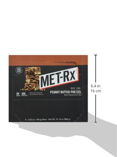 MET-Rx Big 100 Colossal Protein Bars, Great as Healthy Meal Replacement, Snack, and Help Support Energy, Peanut Butter Pretzel, With Vitamin A, Vitamin C, and Zinc, 100 g, (Pack of 9)
