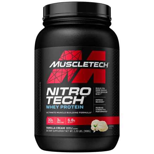 Proteína de suero en polvo MuscleTech Nitro-Tech Proteína aislada de suero y péptidos Proteína + Creatina para ganar músculo Constructor muscular para hombres y mujeres Nutrición deportiva Vainilla, 2.2 lb (22 porciones)