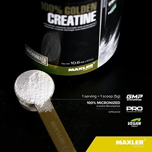Maxler 100% Golden Creatine - Micronized Creatine Monohydrate Powder - Muscle Building Supplements - Pre/Post Workout Vegan Supplement - Gluten Free Unflavored Creatine Powder - 300 g