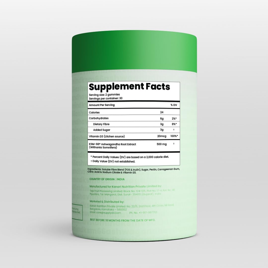 SUPPLY6 KSM-66 Ashwagandha & Vitamin D Gummy - 60 Count - Mixed Berry, KSM-66, Vegan, Plant Based, Non-GMO, Gluten-Free & Gelatin Free, for a Happier You, Pack of 1