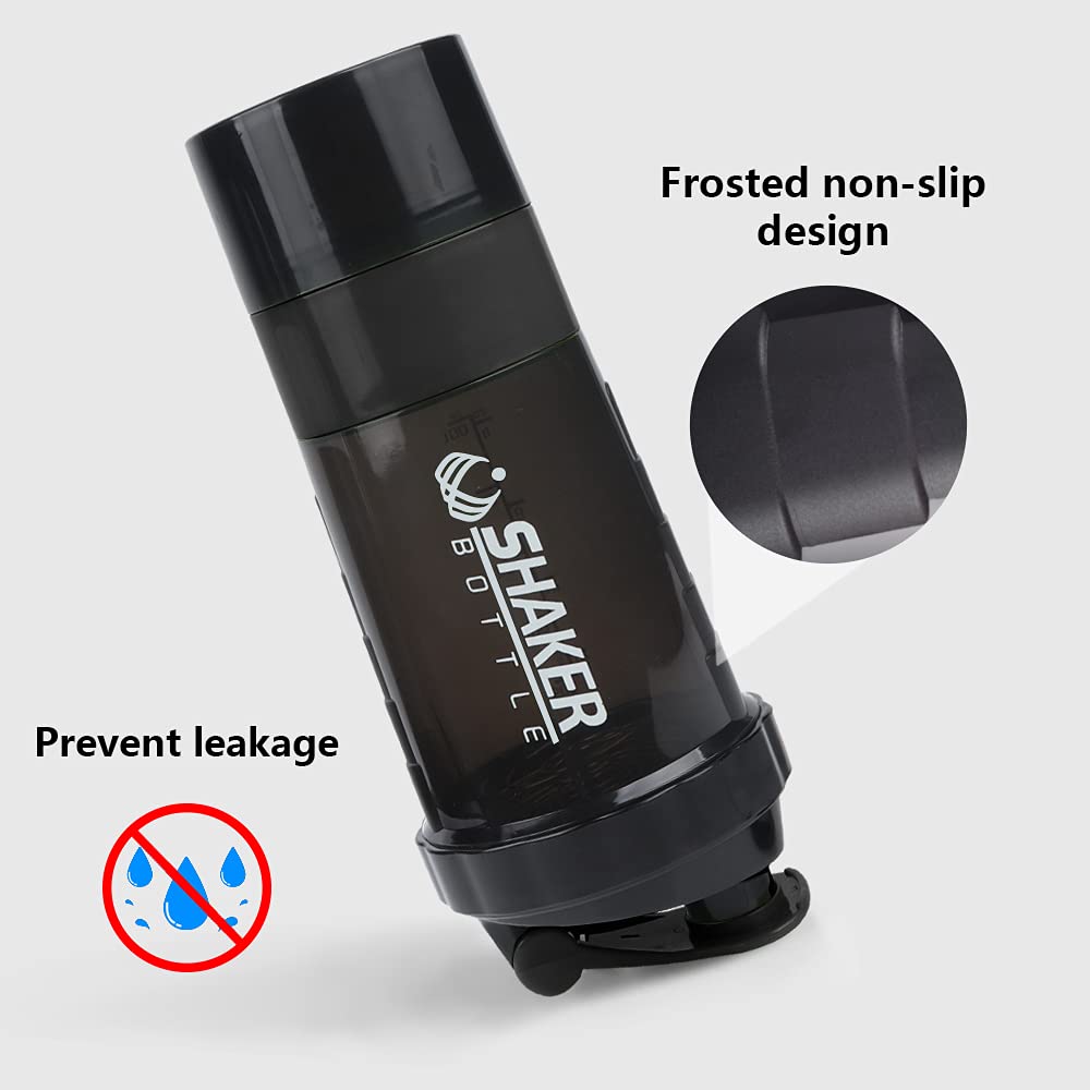 XSUPER Protein Shaker Bottle, Leak Proof Shaker Bottle for Protein Mixes,16oz 3 Layer Twist Off Shaker Cup with Pill & Supplement Storage, Gym Sports Shaker Water Bottle for Protein Powder, Black