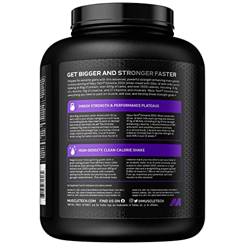 MuscleTech Mass Gainer Mass-Tech Extreme 2000, Muscle Builder Whey Protein Powder, Protein + Creatine + Carbs, Max-Protein Weight Gainer for Women & Men, Vanilla Milkshake, 6lbs (Packaging May Vary)