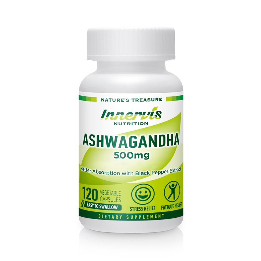 INNERVISNUTRITION Ashwagandha 500mg - 120 Vegetable Capsules Helps Stress Relief Support Brain Function Better Absorption with Black Pepper Extract