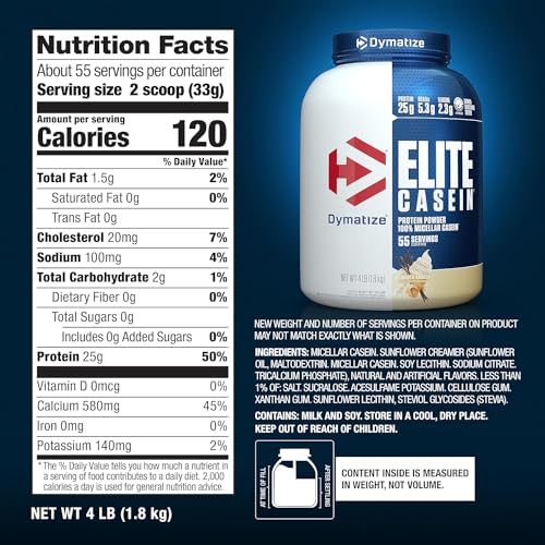 Dymatize Elite Casein Protein Powder, Slow Absorbing with Muscle Building Amino Acids, 100% Micellar Casein, 25g Protein, 5.4g BCAAs & 2.3g Leucine, Helps Overnight Recovery, Cookies & Cream, 4 Pound