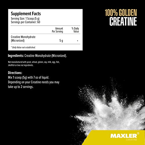 Maxler 100% Golden Creatine - Micronized Creatine Monohydrate Powder - Muscle Building Supplements - Pre/Post Workout Vegan Supplement - Gluten Free Unflavored Creatine Powder - 300 g