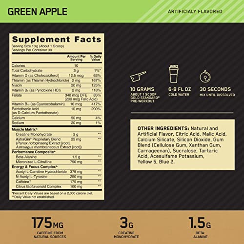 Preentrenamiento Optimum Nutrition Gold Standard con creatina, beta-alanina y cafeína para obtener energía, sabor: manzana verde, 30 porciones (el empaque puede variar), en polvo