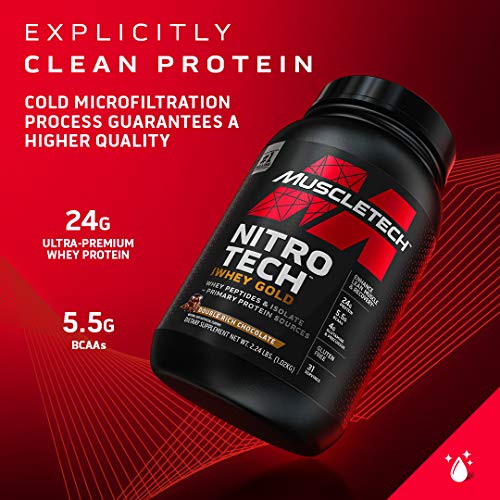 Mezcla de batido aislado de proteína en polvo de chocolate Whey Gold | MuscleTech Nitro-Tech | para mujeres y hombres | 8 libras (109 porciones)