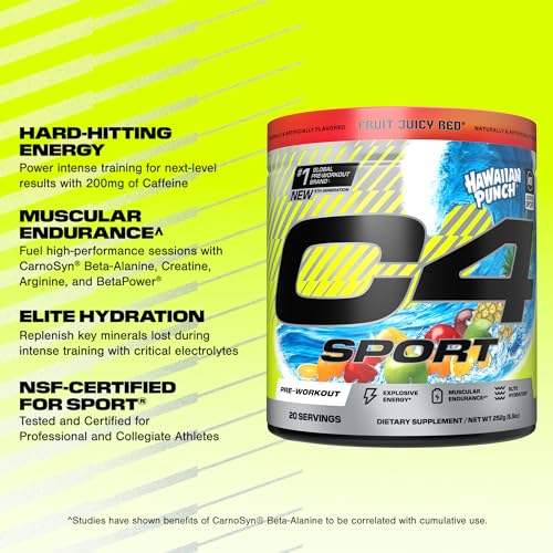 Cellucor C4 Sport Pre Workout Powder - NSF Certified for Sport - Elite Hydration - 200mg Caffeine + Creatine + Beta-Alanine - Electrolytes and Energy Supplement - Hawaiian Punch, 20 Servings